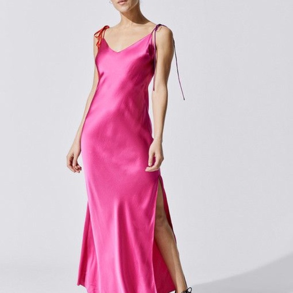 DANNIJO Dresses Dannijo Tie Strap Silk Slip Maxi Dress Hot Pink W